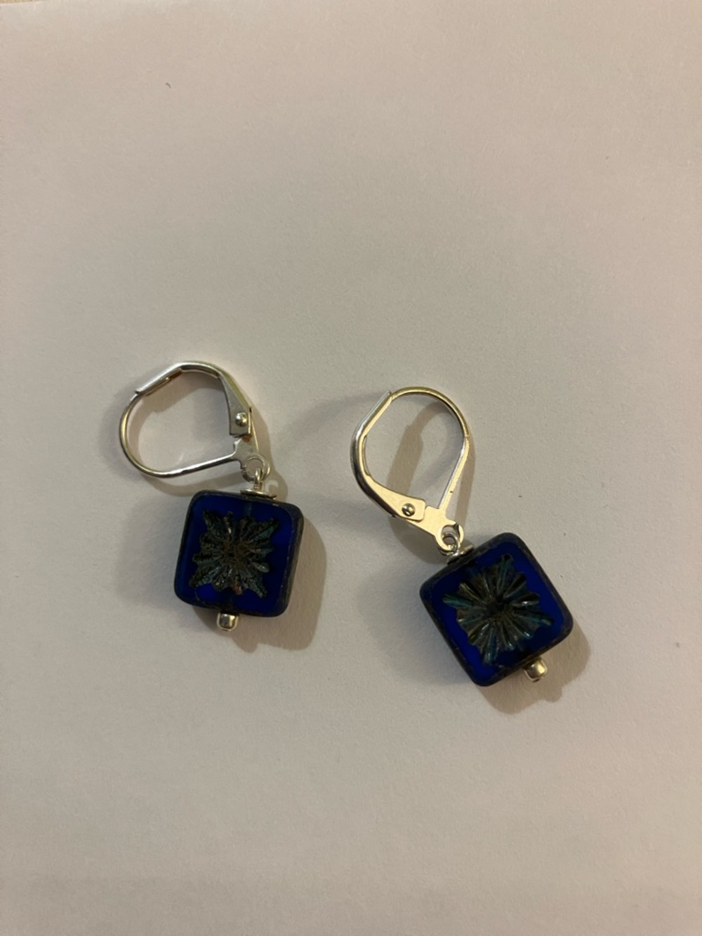 Cobalt Blue Glass Square Drop Earrings with Starburst Detail